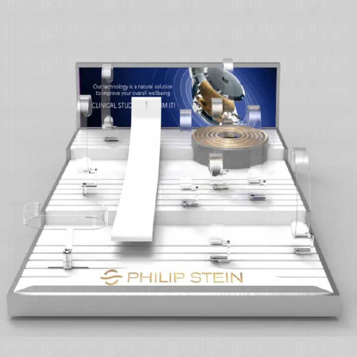 Customized POS Wooden Watch Display With Replaceable Back Graphic 